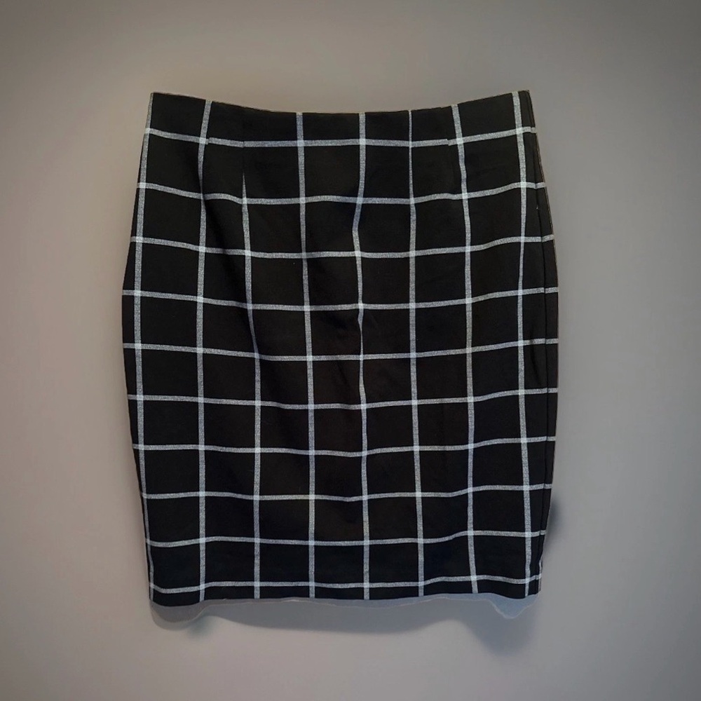 Women's Black White Grid Checkered Pencil Midi Skirt Elastic Waist Size 12